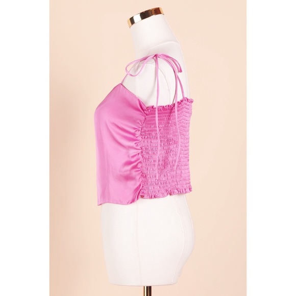 Sz L Urban Outfitters Spaghetti Tie Strap Smocked Satin Crop Top In Rose GUC - Picture 2 of 4